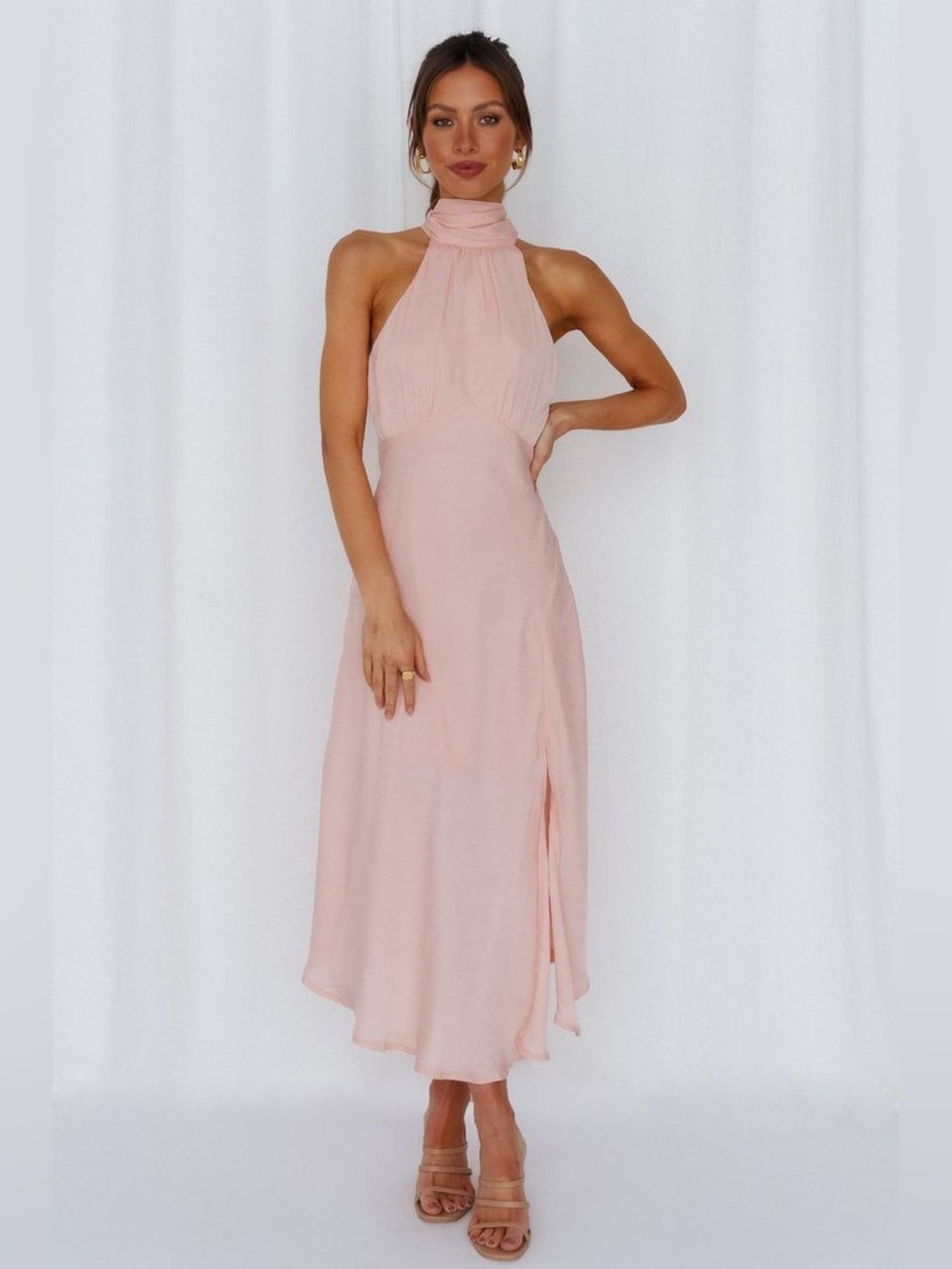 Hello Molly Halter Blush‎ Midi Silky Dress peach color